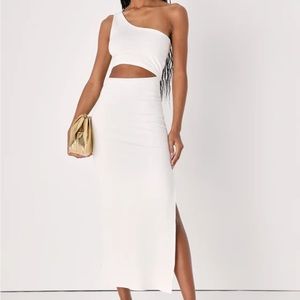 Spice Things Up Ivory Ribbed One-Shoulder Cutout Midi Dress size XS